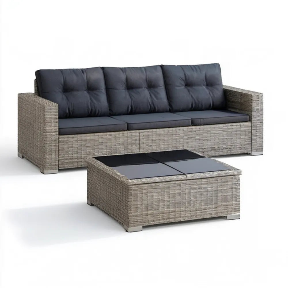 3-osobowa sofa ogrodowa ze stolikiem z technorattanu PE, szara/antracytowa/czarna, 180 x 58 x 65 cm, 85 x 55 x 31 cm