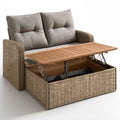 Beżowo-brązowo-szara sofa ogrodowa 2-osobowa z polirattanu PE, podnoszonym blatem i schowkiem, 140 x 75 x 82 cm
