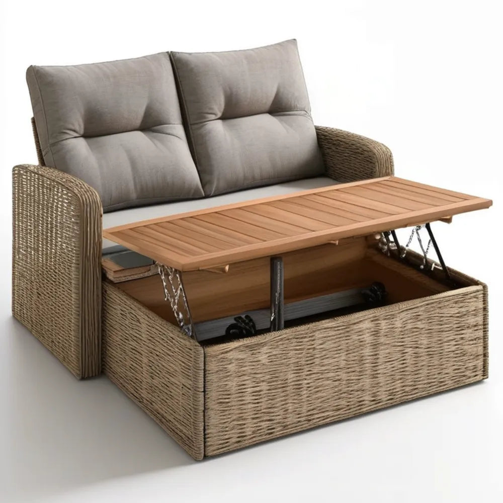 Beżowo-brązowo-szara sofa ogrodowa 2-osobowa z polirattanu PE, podnoszonym blatem i schowkiem, 140 x 75 x 82 cm
