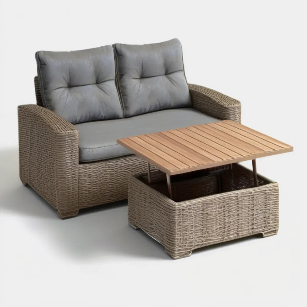 Szaro-brązowy zestaw ogrodowy z technorattanu – sofa 150 × 80 × 85 cm i stolik 100 × 60 × 45 cm z podnoszonym blatem