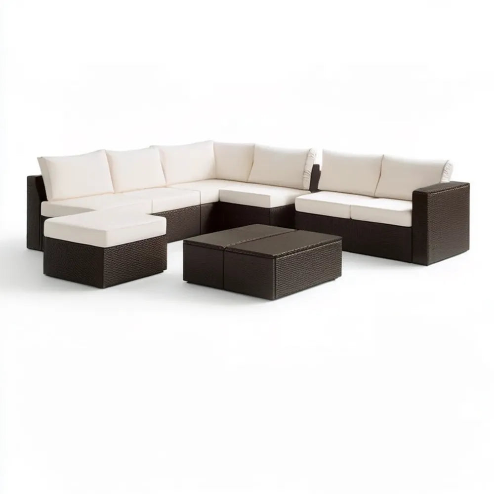 Modułowy narożnik ogrodowy z technorattanu PE, 8 elementów, 280 × 210 × 65 cm, ciemnobrązowy/kremowy